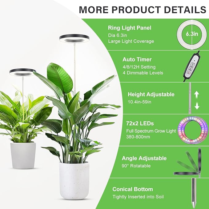 LBW Plant Grow Light, 72 LEDs Full Spectrum Grow Lights for Indoor Plants, Plant Lamp with 4 Dimmable Levels, 4/8/12H Timer, 10.4”-59”Height Adjustable, Halo Plant Lamp for Tall Plants, Black, 2 Pack