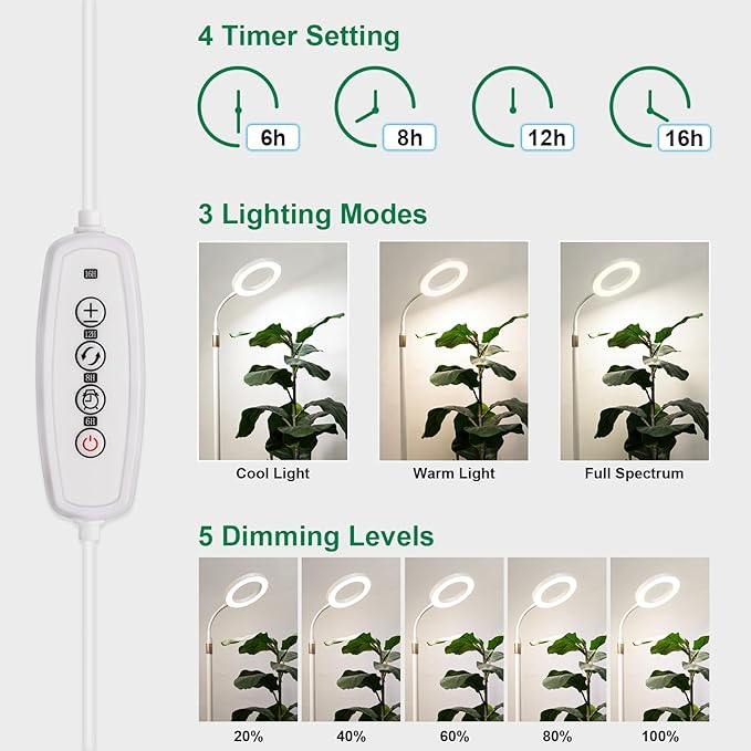 LBW Grow Light with Stand for Indoor Plants, Adjustable Height up to 68", Full Spectrum Grow Light for Large & Tall Plants, Auto Timer 6/8/12/16H, 5-Level Dimmable, 3 Lighting Modes