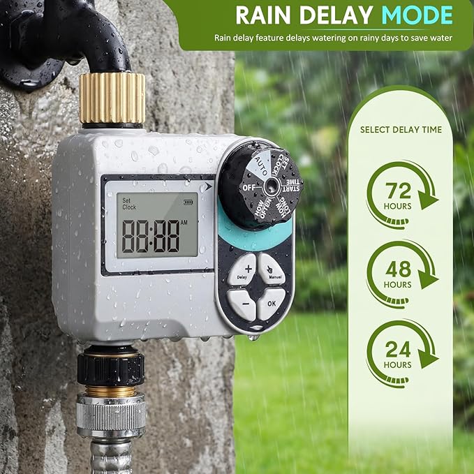Kingdder Sprinkler Timer for Yard with Brass Inlet and Outlet Watering Timer for Garden Hose Timers Automatic Irrigation System with Rain Delay/Manual/ IP54 Waterproof(1 Outlet)