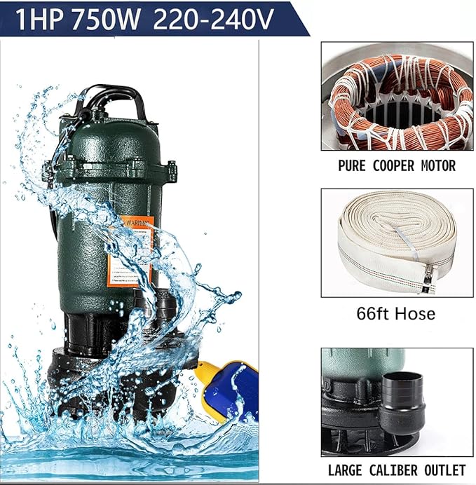 1HP Submersible Sewage Pump,220V-240V 4000GPH Sump Pump Dirty Clean Water Pump with Float Switch,2pc NPT connectors,for Pools,Garden,Pond,Irrigation,Flooded Areas