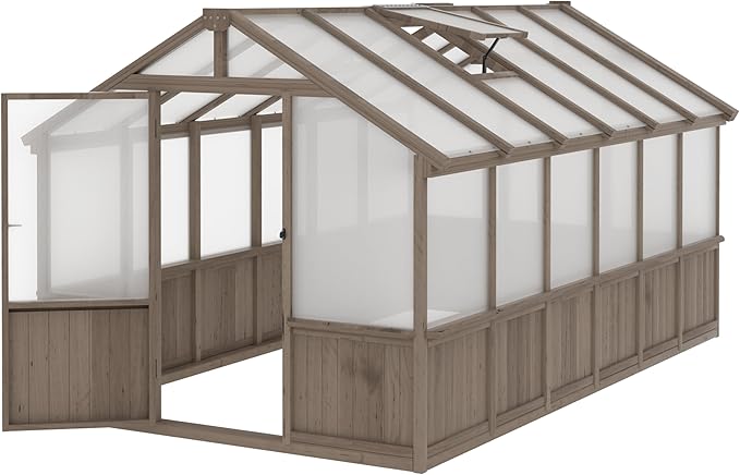 Yardenaler 8x12 FT Greenhouse Kit with 6MM Thick Polycarbonate Panel for Outdoor, Wooden Walk-in Green House with Adjustable Roof Vent and Lockable Door, Backyard, Garden, Light Mocha Brown