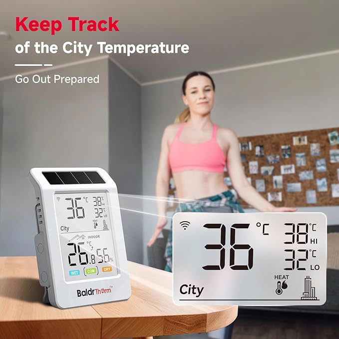 BaldrTherm WiFi Bluetooth Thermometer Hygrometer, Solar Boost, WiFi Remote Monitoring, Smart Alerts (Black Ice), City Temp Sync for Home/Baby Room/Plant Room, 2pack