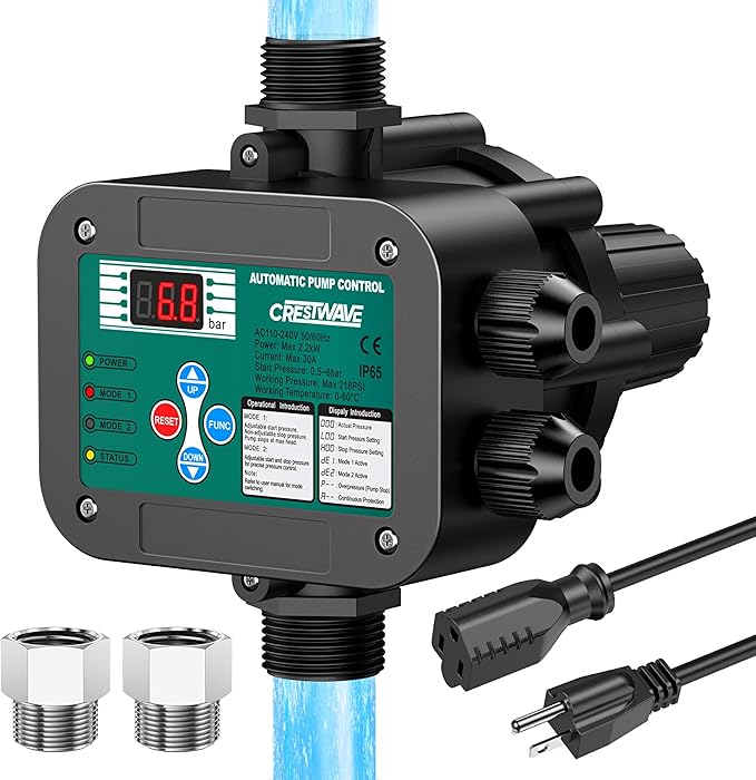 Smart Adjustable Pressure Switch for Well Pump, Automatic Water Pumps Switch, Dry-running Protection for Submersible/Shallow Well/Garden/Jet/Self-priming Pump, Power&Pump Cable Included, NPT1"&G1"