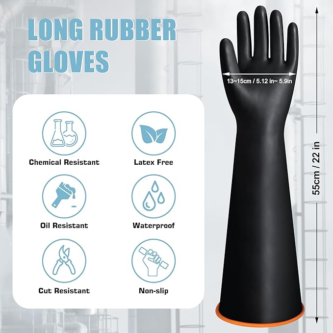 22" Chemical Resistant Gloves, Reusable Heavy Duty Long Rubber Glove, Waterproof Dishwashing Gloves for Men, Forearm Protection Resist Strong Acid, Alkali, Oil, XL Size