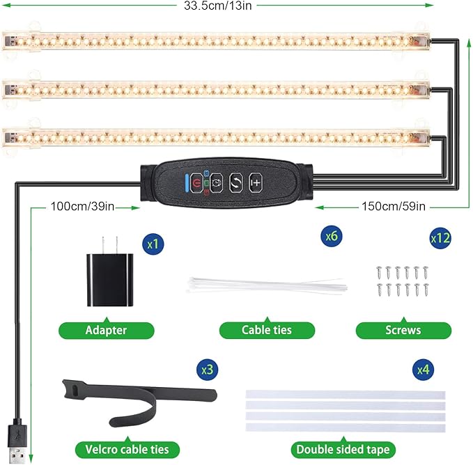 RWNTAO 13 Inches LED Grow Light Strips for Plant Shelf, 3500K Full Spectrum Plant Growing Lights for Indoor Plants, 144 LEDs Planting Lamp with 10 Dimmable Levels and 3/9/12H Timer, 3 Head