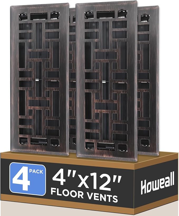 Howeall 4x12 Inches 4 Pack Heavy Duty Walkable Floor Register - Easy Adjust Air Supply Lever Decorative Floor Vent Covers, Seattle Design Vent Covers for Home - Oil Rubbed Bronze