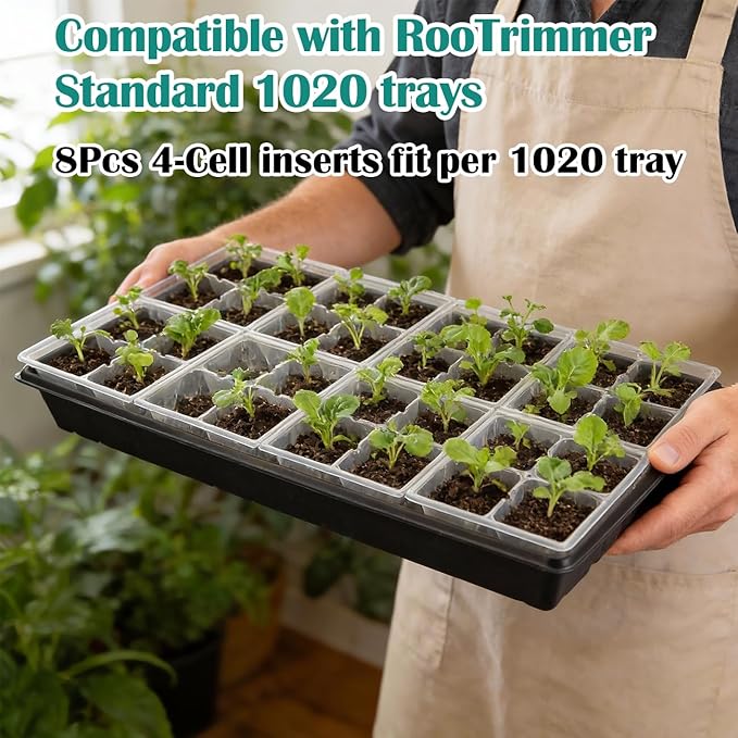 RooTrimmer 5 Pack Heavy Duty 1020 Trays and 40 Pack Clear 4 Cell Seed Starter Trays with Large Drainage Holes, Easy Transplant - for Seed Germination & Plant Propagation (5 Sets)