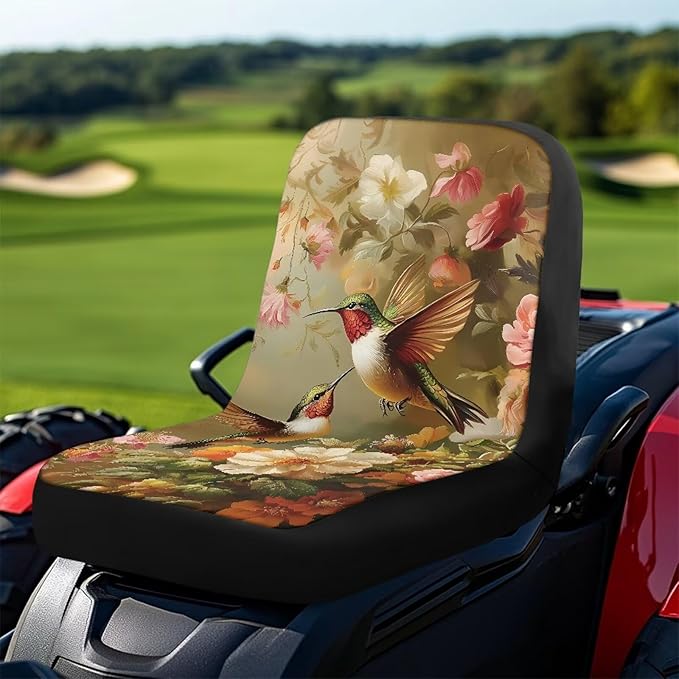Hummingbird and Flower Riding Lawn Mower Seat Cover for Tractor Accessories, Lawnmower Parts Compatible with Kubota with Pockets, Lawn Tractor Seat Cover,Mower Seat Cushion