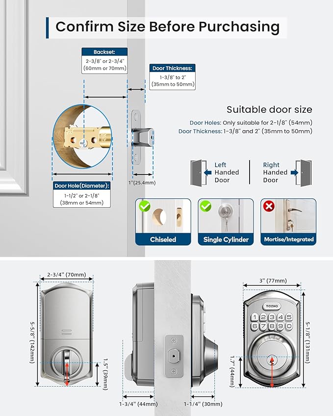 TEEHO TE011W Wi-Fi Keyless Entry Door Lock with Keypad - Smart Deadbolt Lock for Front Door with 2 Keys - Remote Control, Works with Alexa & Google, APP Unlock - Easy Installation - Satin Nickel