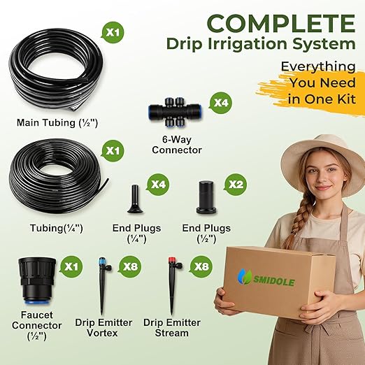 100FT Drip Irrigation System Kit, Quick Connect Garden Watering System, Easy Install Drip Irrigation Kit with 1/2" & 1/4" Tubing, Adjustable Emitters for Garden, Raised Beds, Greenhouse