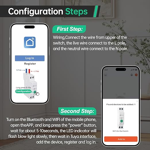 Smart WiFi Switch 110V, din Rail, 1–20A Adjustable, DIY 1P+N Circuit Breaker, 90–300V Wide Voltage for Energy Monitor, Smart Life/Tuya APP Remote Control, Timer Functions, DIN Rail, FCC Certified