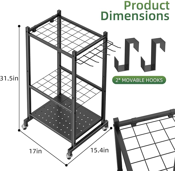 LAKEMID Garden Tool Organizer Stand with Wheels,Yard Tool Organizer for Garage with 2 Hooks, Rack Up to 42 Tools,Broom Holder & Garden Tool Rack for Shed, Patio, Outdoor Use