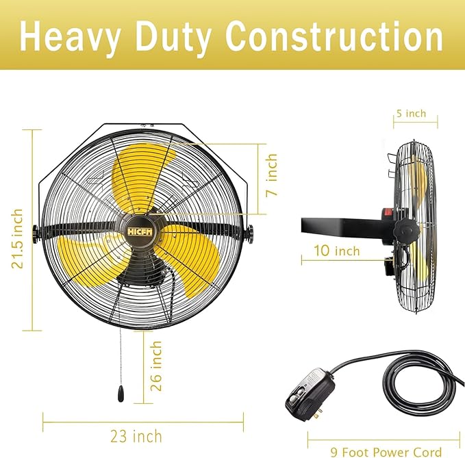 HiCFM 4600 CFM 18 inch Outdoor Safety Yellow Wall Mounted Fan with IP44 Enclosure Motor, Sealed Control Box, 9 FT Cord & GFCI Plug, 3-Speed Weatherproof for Patio, Workstation - UL Listed, 2 Pack
