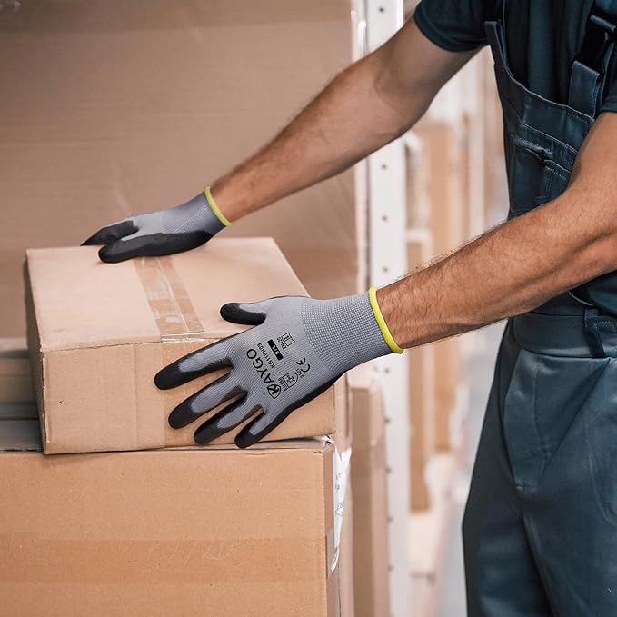 KAYGO Work Gloves for Men and Women, 12 Pairs Seamless Knit PU Coated Safety Gloves, with Smooth Grip on Palm and Fingers, Ideal for Light Warehouse, Manufacturing, Gardening, KG11P (XL,Gray)