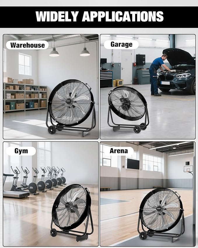 24 Inch Industrial Drum Fan, 9,500 CFM High Velocity 3-Speed Heavy Duty Metal Air Circulator with Casters Handle for Basement Warehouse Factory Workshops Patios
