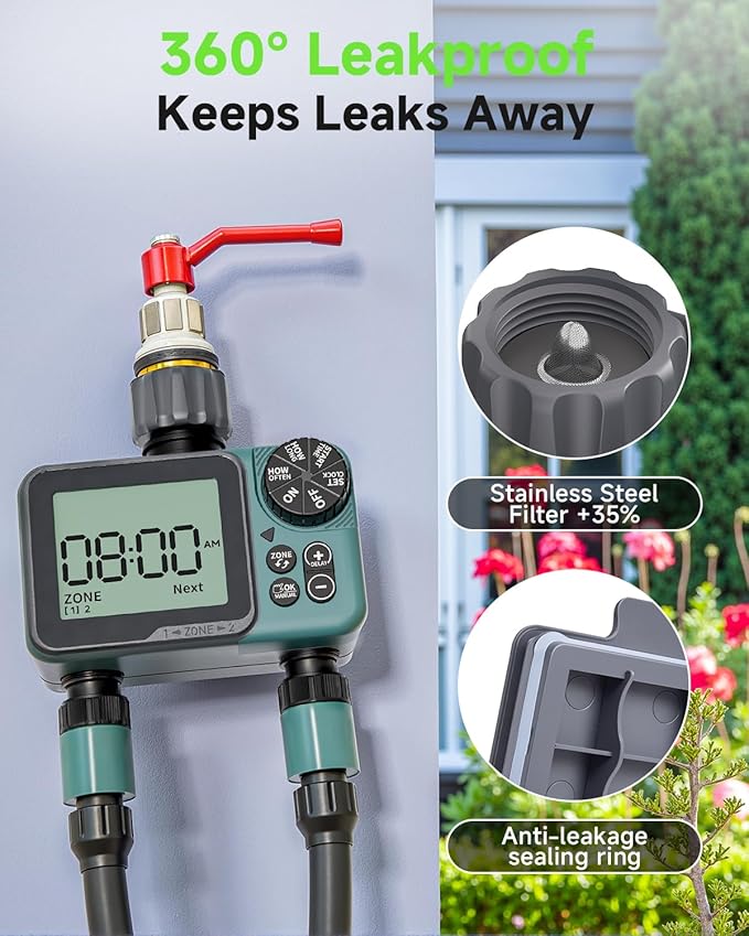 Sprinkler Timer 2 Zone & Digital Water Timer for Garden Hose, Yard, Lawn, Pool – Programmable Irrigation Controller with Rain Delay, IP66 Waterproof Auto & Manual Irrigation System