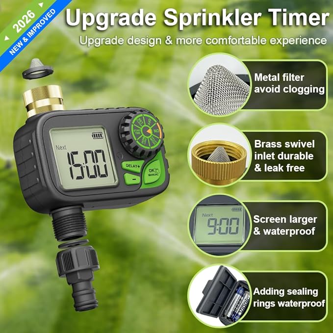 Sprinkler Timer Water Hose Timer - Programmable Digital Irrigation Outdoor Waterproof with Rain Delay, Manual & Automatic Watering System for Yard Lawn Garden Hose, Brass Inlet 1 Outlet