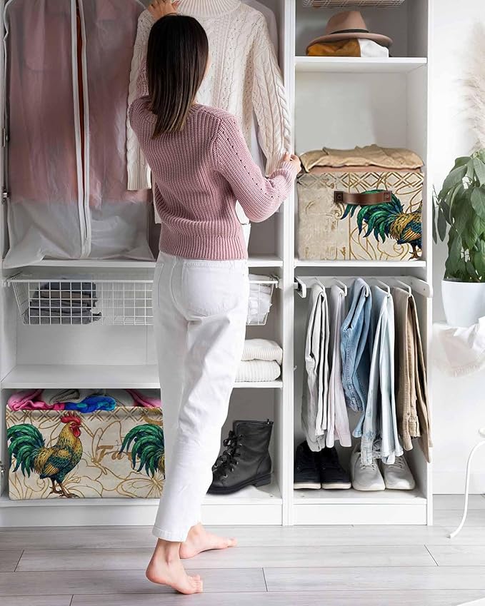 Vintage Rooster Storage Bins Cubes Waterproof Cloth Storage Basket, Elegant Retro Animals Farmhouse Foldable Storage Bags for Shelf Closet Clothes Storages Organizers with Handles 15x11x9.5 in 1PCS