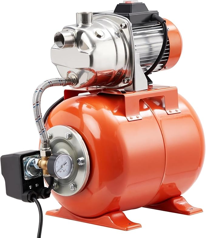 1hp Well Pump with Pressure Tank, Shallow Well Pump Water, 115V Stainless Steel Irrigation, Automatic Water Booster Jet for Home, Garden, Lawn