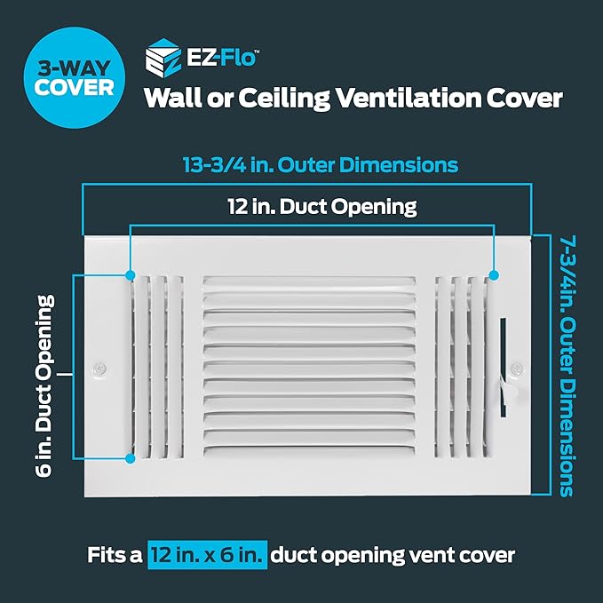 EZ-FLO 12 x 6 Inch (Duct Opening) Air Vent Cover for Wall or Ceiling, Three-Way Ventilation Register, Solid Steel HVAC Register Cover, White, 61615