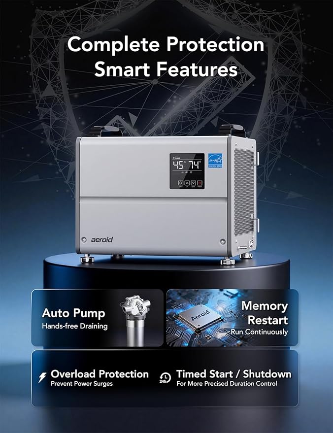 Aeroid 70 Pints Crawl Space Dehumidifier with Built-in Pump and Drain Hose, Portable Commercial Dehumidifier for Basement and Whole Home, Smart Automatic Defrost, Memory Start, Energy Star Certified