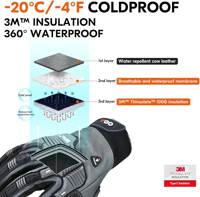 Vgo... 1 Pair -20℃/-4°F COLDPROOF,Winter Work Leather Gloves,Impact Gloves,Anti-Vibration,Water Resistant(CA7722FW)