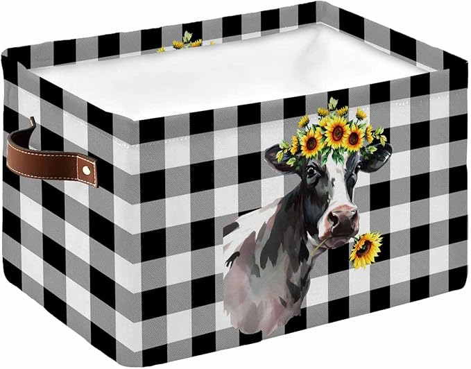 Sunflowers Cow Storage Bins Cubes Waterproof Cloth Storage Basket, Farm Animal Black Buffalo Plaid Foldable Storage Bags for Shelf Closet Clothes Storages Organizers with Handles 15x11x9.5 in 1PCS