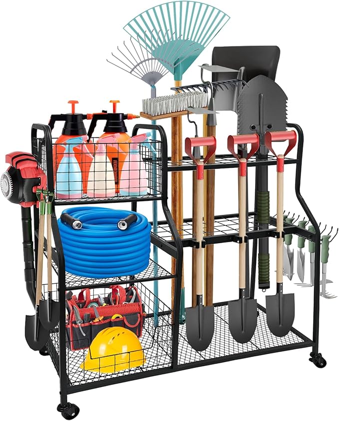 Garden Tool Organizer with 4 Wheels, Garden Tool Rack with 2 Storage Basket, 3 Tier Heavy Duty Utility Garden Tool Storage with 12 Hooks for Yard/Garden/Shed/Garage/Basement/Lawn
