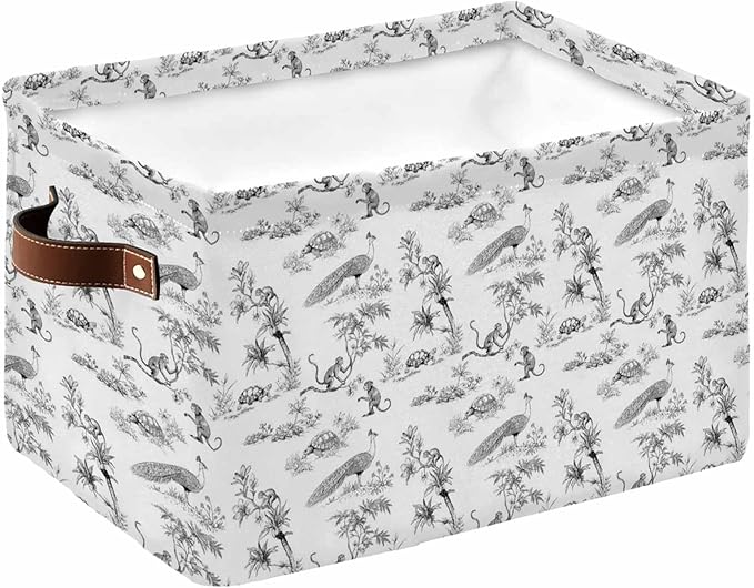 Farmhouse Monkey Storage Bins Cubes Waterproof Cloth Storage Basket, Vintage Plants Rustic Turtles Peacock Foldable Storage Bags for Shelf Closet Clothes Organizers with Handles 15x11x9.5 in 1PCS