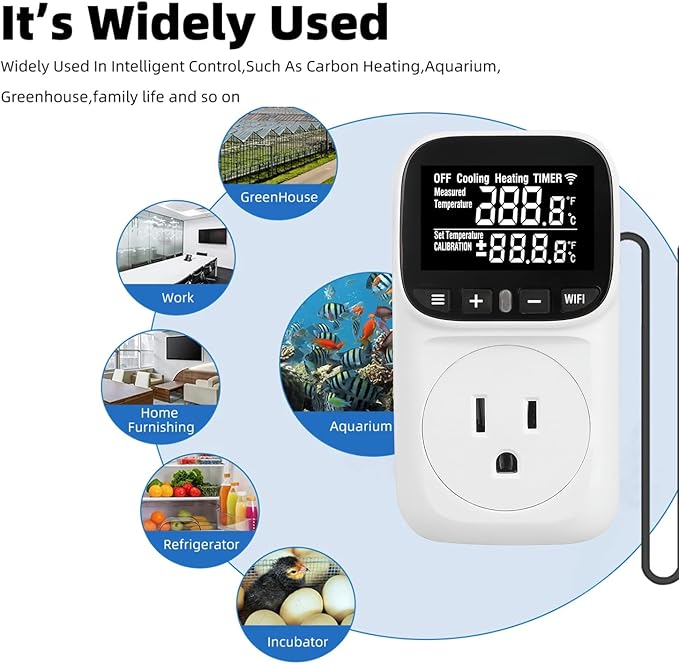 WiFi Digital Temperature Controller, Plug in Thermostat Outlet with Duration Timer & Smart Memory, -40℉~212℉, 16A/1800W, IP67 Waterproof Probe for Incubator, Homebrew, Reptile.