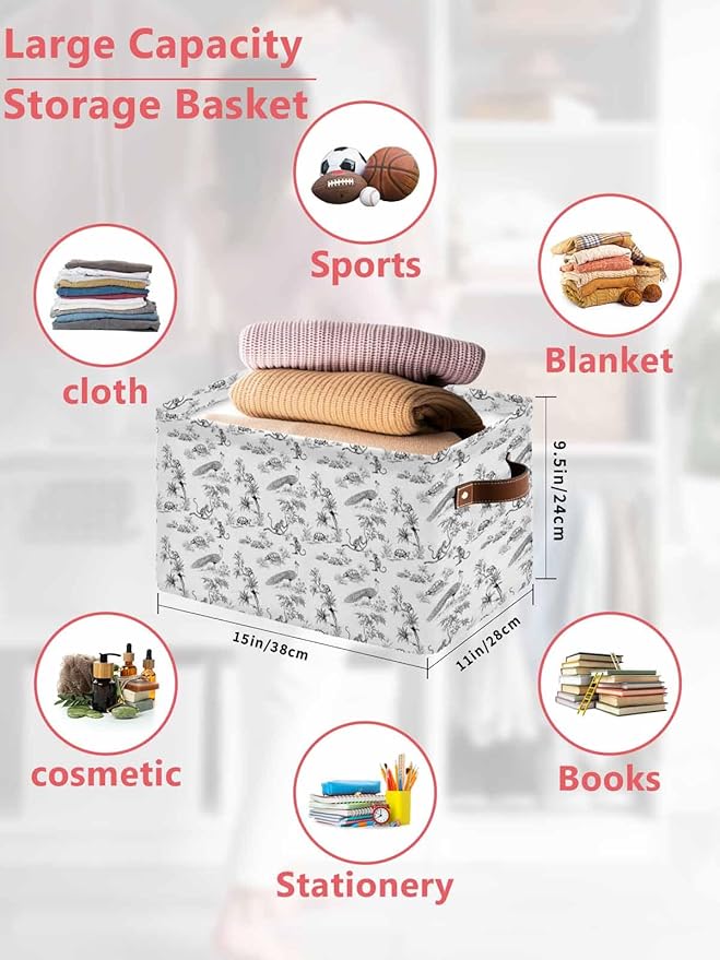Farmhouse Monkey Storage Bins Cubes Waterproof Cloth Storage Basket, Vintage Plants Rustic Turtles Peacock Foldable Storage Bags for Shelf Closet Clothes Organizers with Handles 15x11x9.5 in 2PCS