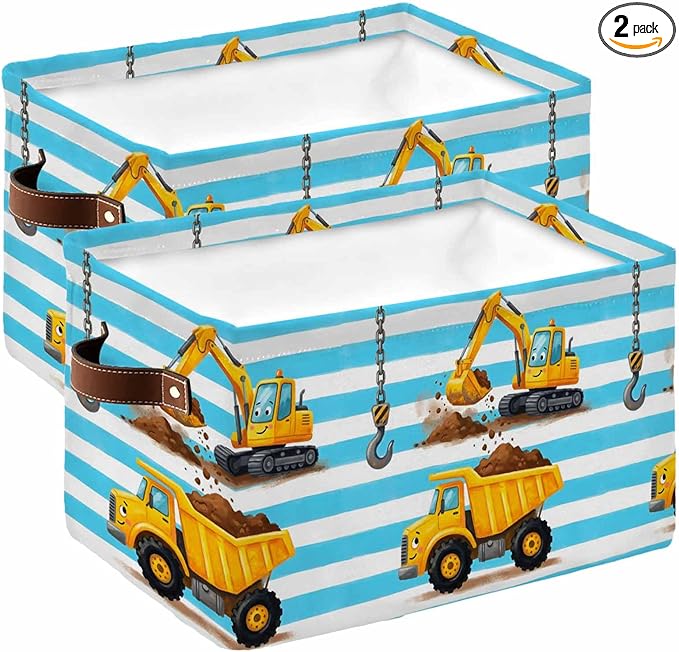 Yellow Truck Storage Bins Cubes Waterproof Cloth Storage Basket, Cartoon Blue Striped Farmhouse Modern Art Foldable Storage Bags for Shelf Closet Clothes Organizers with Handles 15x11x9.5 in 2PCS