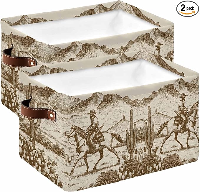 Beige Western Farmhouse Storage Bins Cubes Waterproof Cloth Storage Basket, Vintage Cowboys Cactus Foldable Storage Bags for Shelf Closet Clothes Storages Organizers with Handles 15x11x9.5 in 2PCS