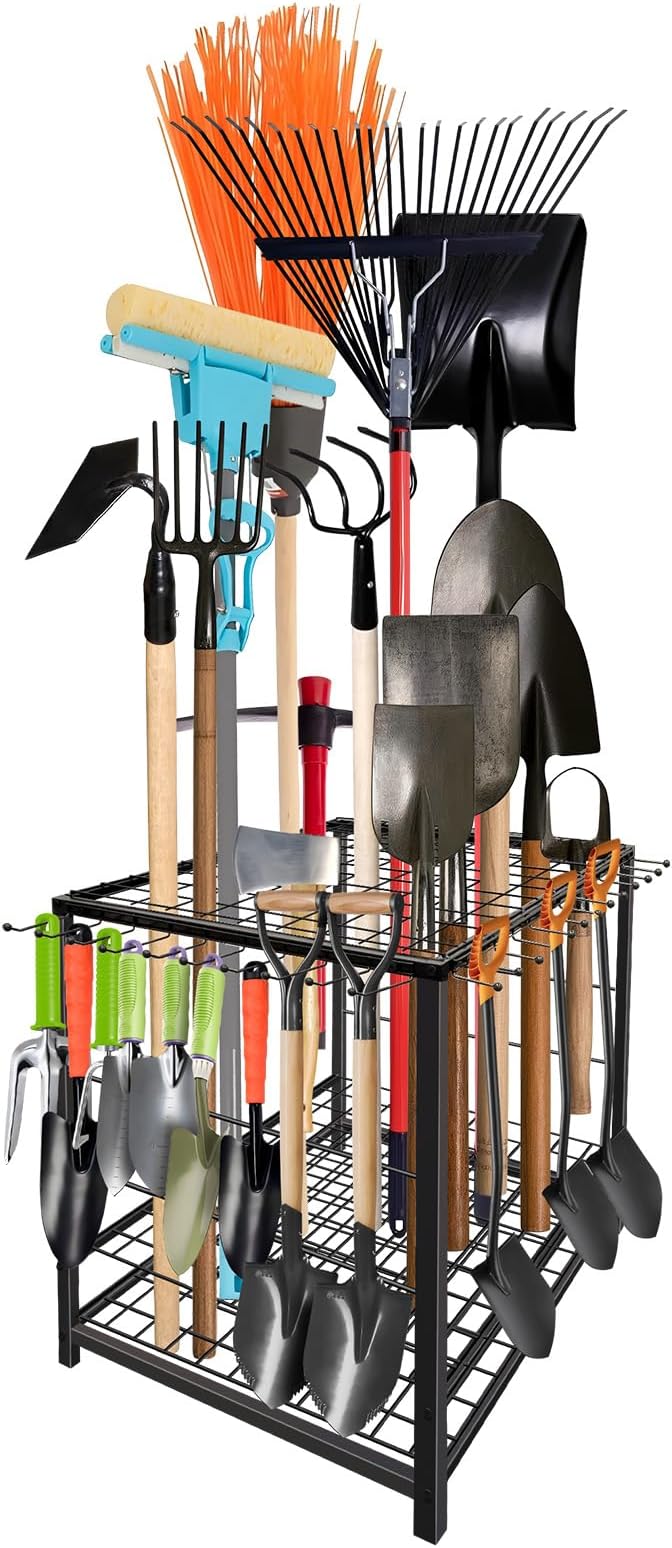KYBOLT Heavys Duty Garage Tool Organizer Rack - Holds 35+ Rakes, Brooms & Long Tools | Black Steel Yard Tool Tower for Shed/Outdoor | Instant Assembly Space-Saving Storage