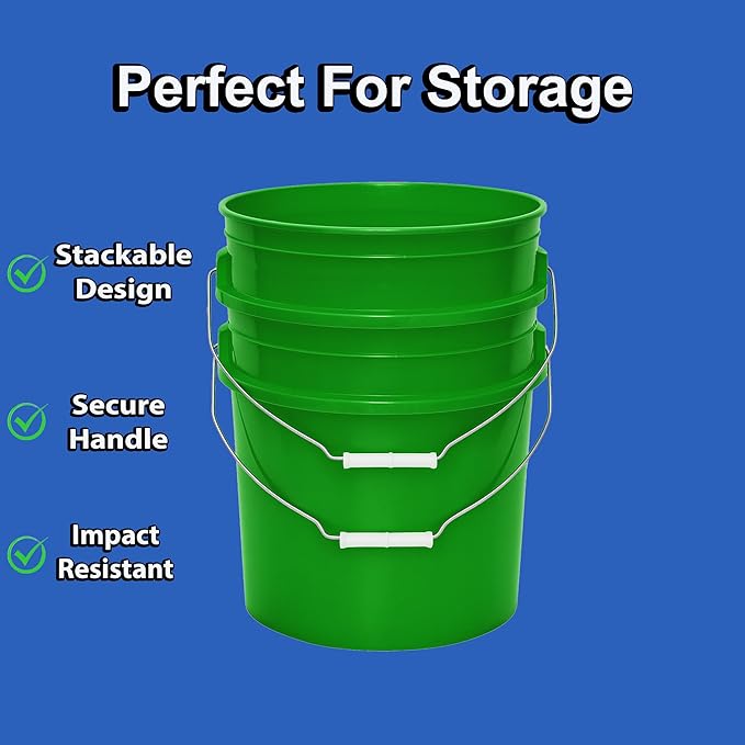 MKS Plastics 5-Gallon Bucket with Airtight Lid – Made in USA, Food Grade BPA Free Plastic, Heavy Duty Multi-Use, Metal Handle with Grip, Stackable Storage – Green, 1 Pack