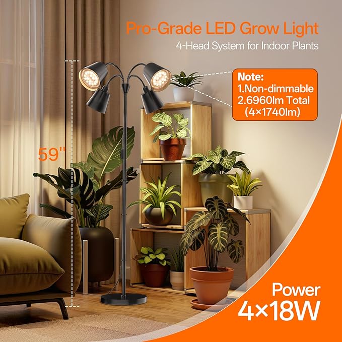 Bstrip Grow Lights for Indoor Plants, Non-Dimmable 4 Head Plant Light Stand with Flexible Gooseneck, 3800K Full Spectrum Light for Plants Growing, 59" Standing Grow Light with Timer