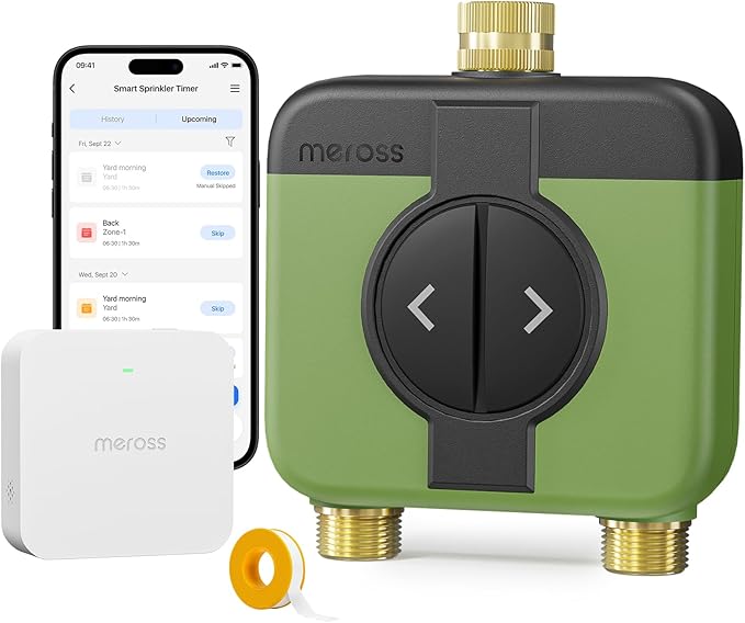 meross WiFi Water Timer for Garden Hose, 2 Zone WiFi Hose Timer with Brass Inlet and Outlet, WiFi Sprinkler Controller, Rain Delay, Smart Water Valve for Garden, Lawn & Yard, Remote & Voice Control