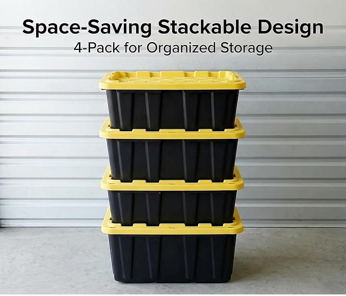 4 Pack 17 Gallon Heavy Duty Storage Bins with Lids, Industrial Stackable Lockable Nestable Plastic Totes Storage Containers for Garage, Moving, Home & Office Organization, Black & Yellow
