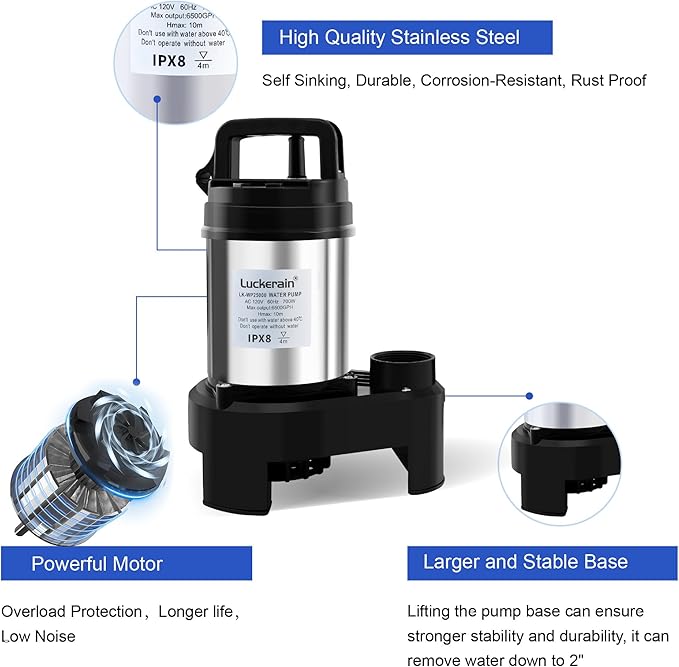 Sump Pump 1HP Stainless Steel Sewage Pump 6500 GPH Pond Pumps for Outdoor Ponds,Free Control Timer Submersible Pump for Pool,Sump Basin,Basement and Outdoor Drainage, 50ft Cord,2'' NPT Discharge