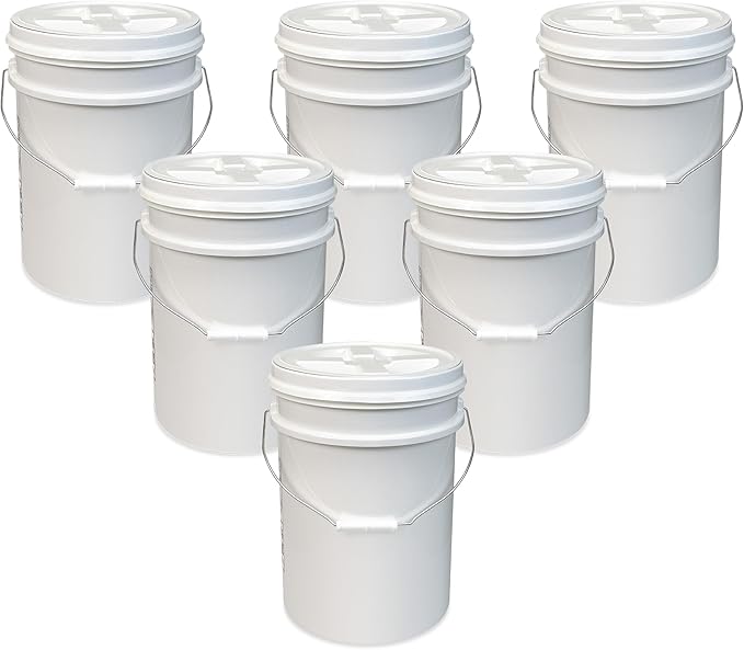 ePackageSupply 5 Gallon Bucket - Food Grade Bucket with Airtight Gamma Seal Screw-On Lid, BPA-Free, Heavy-Duty 90 Mil HDPE Plastic, Bulk Storage, Durable Container, Made in USA, White/White, 6 Packs