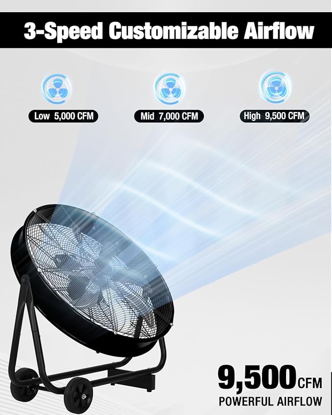 24 Inch Industrial Drum Fan, 9,500 CFM High Velocity 3-Speed Heavy Duty Metal Air Circulator with Casters Handle for Basement Warehouse Factory Workshops Patios