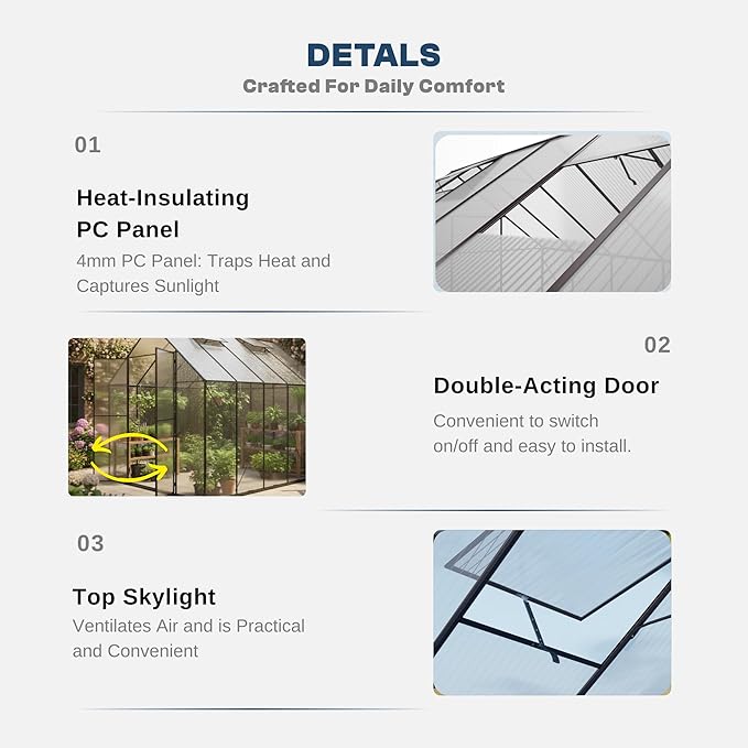 Kingdura 8x10ft Walk-in Greenhouse for Outdoors, Large Polycarbonate Greenhouses with Heavy Duty Aluminum Frame, Adjustable Roof Vent, Lockable Door, UV Protection for Outside Garden Backyard