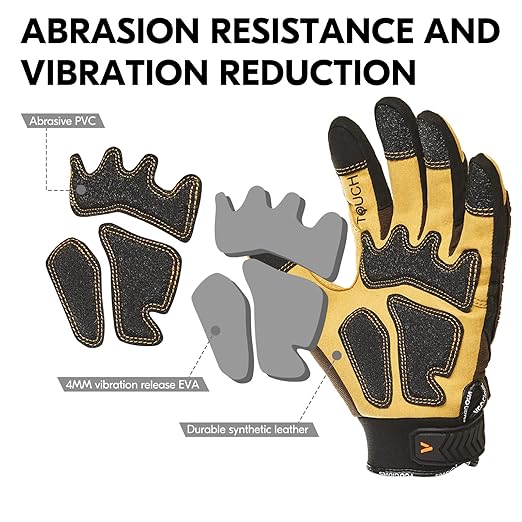 Vgo... 1-Pair Heavy Duty Synthetic Leather Work Gloves, Impact Protection Mechanic Gloves, Rigger Gloves, Vibration Reduction, Touchscreen Capable (Size M, Brown, SL8849)