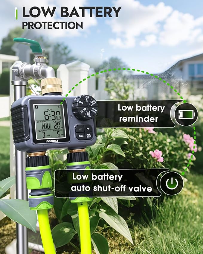 Insoma 2-Zone Sprinkler Timer Brass Inlet/Outlet, Water Hose Timer with Auto/Manual Modes + Rain Delay | Big LCD Dispay | Hose Timers for Garden, Yard Lawn, IPX5 Waterproof & Save Water