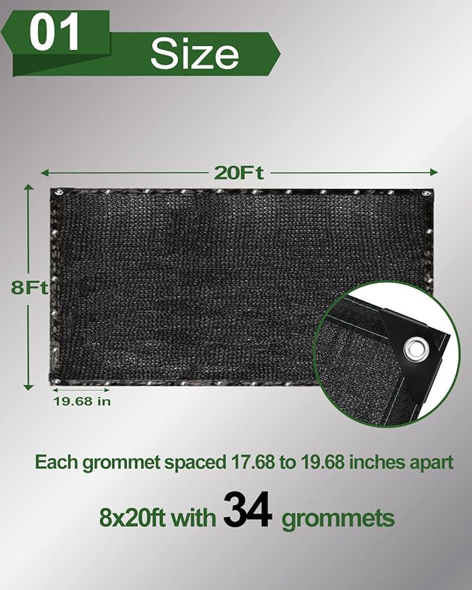 vensovo 90% Shade Cloth Netting with Grommets,8x20 Ft HDPE Heavy Duty Shade Mesh for Outdoor Use, Chicken Coop, Dog Kennel Cover, Greenhouse