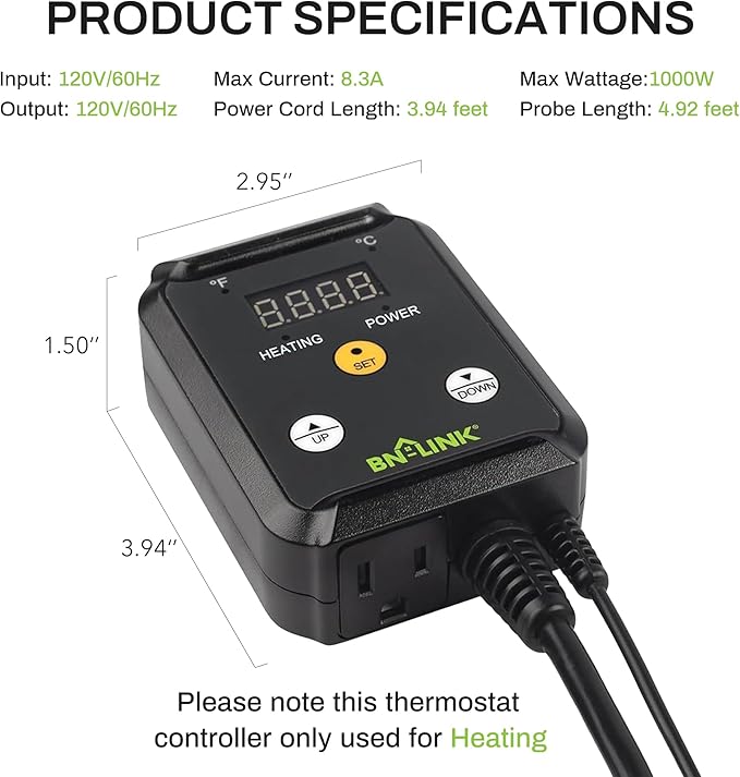 BN-LINK Digital Heating and Cooling Thermostat Controller for Reptiles, Attic Fan