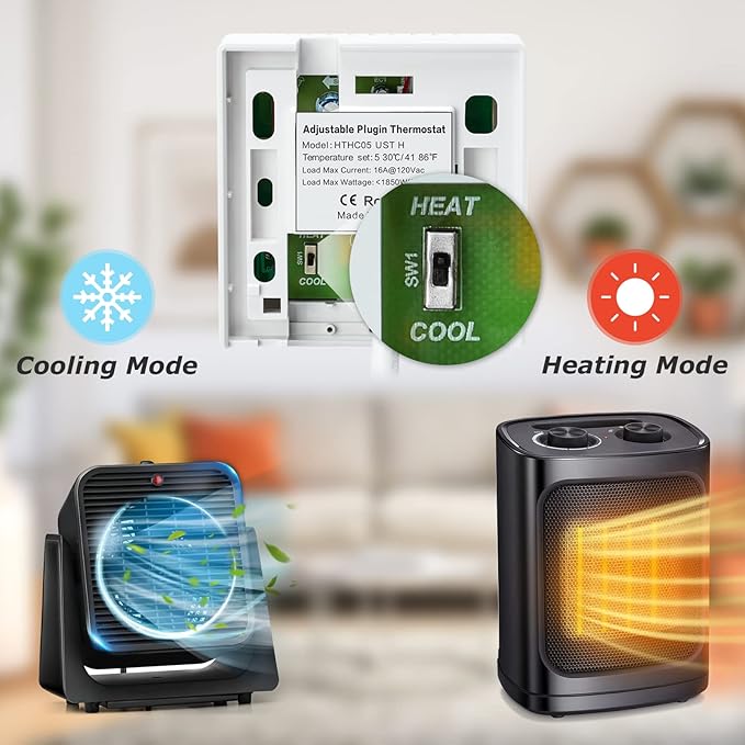 Adjustable Thermostat, Briidea Plug in Heating & Cooling Thermostat with LED Indicator, Compatible with Space Heater, Window Air Conditioners, Fans, Ideal for Household, Reptile, Greenhouse