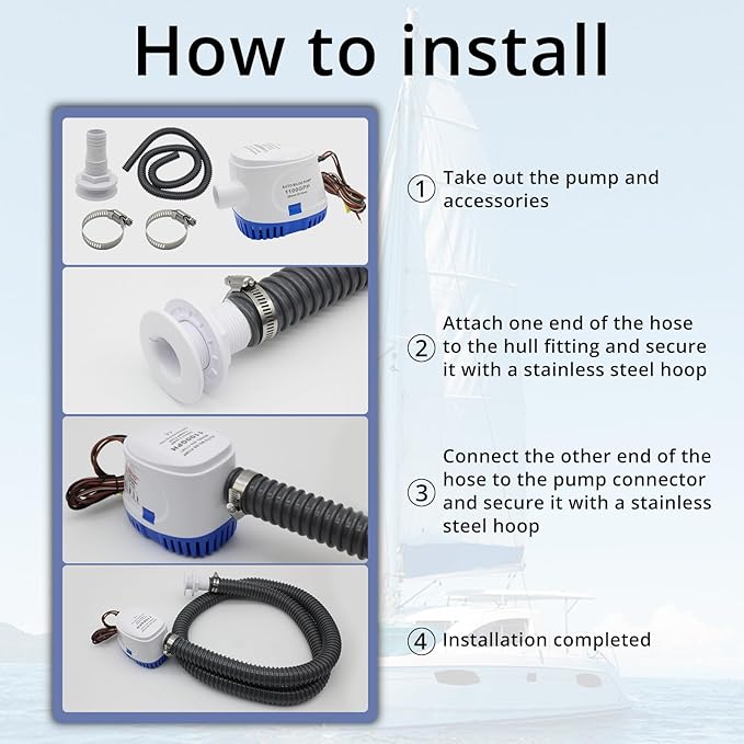 HXH 12V 1100GPH Automatic Submersible Boat Bilge, with PVC Bilge Pump Hose 1-1/8-Inch, 2PCS Stainless Steel Hose Clamps and Thru-Hull Fitting Set, for Marine, Yachts, Live Well Pump Kit