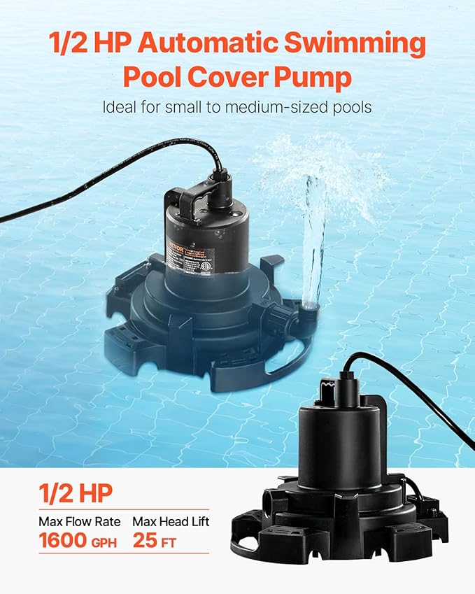 VEVOR Automatic Pool Cover Pump, 1/2 HP 1600 GPH, 120V Submersible Swimming Pool Cover Pump with 25 ft Power Cord, 25 ft Max Head Lift, Water Removal and Transfer Pump, for Pool Draining Hot Tubs