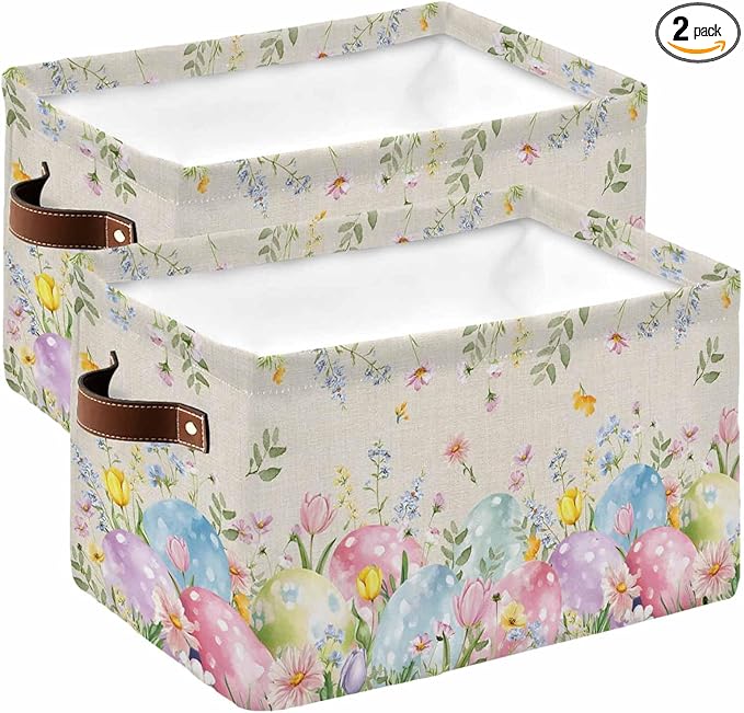 Easter Eggs Storage Bins Cubes Waterproof Cloth Storage Basket,Spring Daisy Eucalyptus Leaves Rustic Burlap Foldable Storage Bags for Shelf Clothes Storages Organizers with Handles 15x11x9.5 in 2PCS